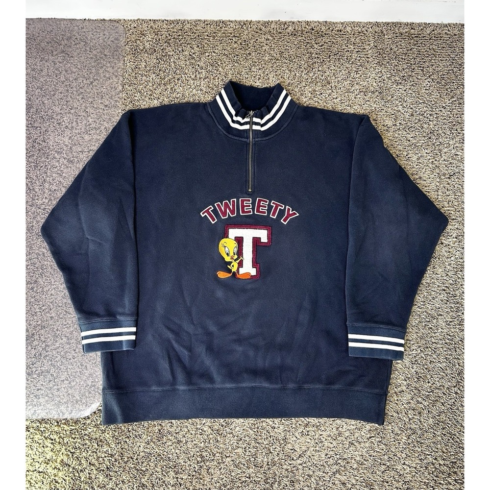 Vintage Tweety Bird WB Studio Store Looney Tunes 1/4 Zip Sweatshirt XXL Navy